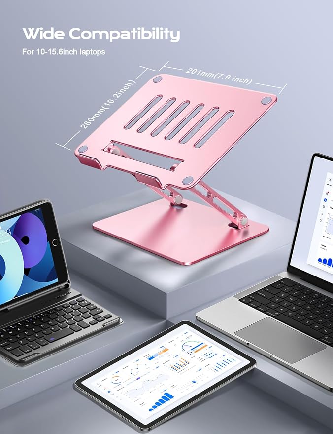 LOXP Aluminum Laptop Stand, Adjustable Laptop Stand for Desk Foldable | Portable Laptop Riser, Ergonomic Computer Notebook Holder for Desk, Office Desk Accessories (10-15.6'') - Pink - Image 6