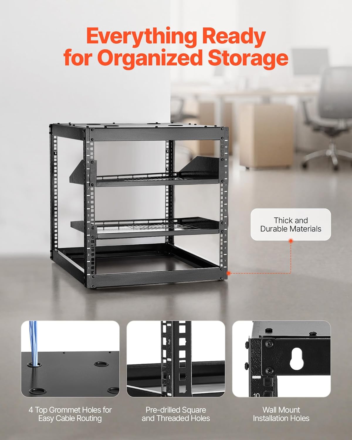 VEVOR 10U Open Frame Network Rack Server Rack, Wall Mounted or Floor Stand - Image 5