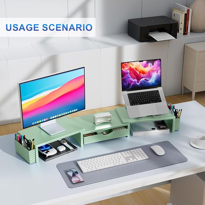 gianotter Dual Monitor Stand Riser With Drawer and 2 Pen Holders | Desk Organizer and Accessories Computer Monitor Stand, Desk Shelf for Top of Desk (Sage Green) - Image 5