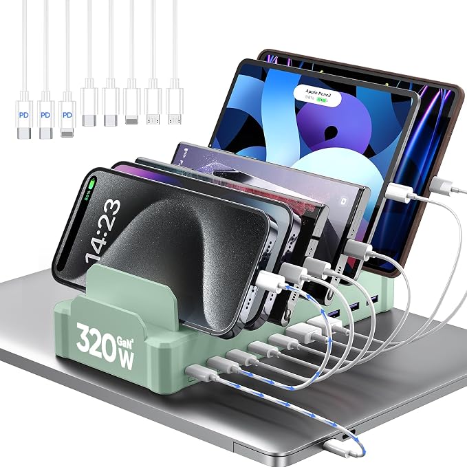 Charging Station for Multiple Devices, Zobirez 10-Port USB C Fast Charger Stations for MacBook, iPhone, Android Cell Phone, iPad, Tablet, Family Multi-Device Organizer Charging Dock, Green by Zobirez
