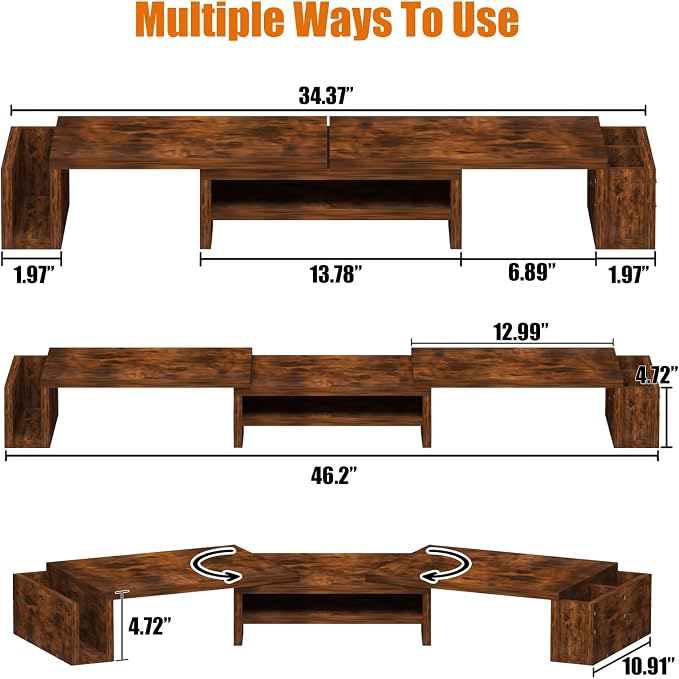 Wood Dual Monitor Stand Riser, Desk Organizers and Accessories with Storage Pen Holders, Adjustable Length and Angle 3 Shelf Extra Long 46" Desktop Organizer for 2 Monitors, Computer, Laptop, TV,Rustic Brown (Triple) - Image 2