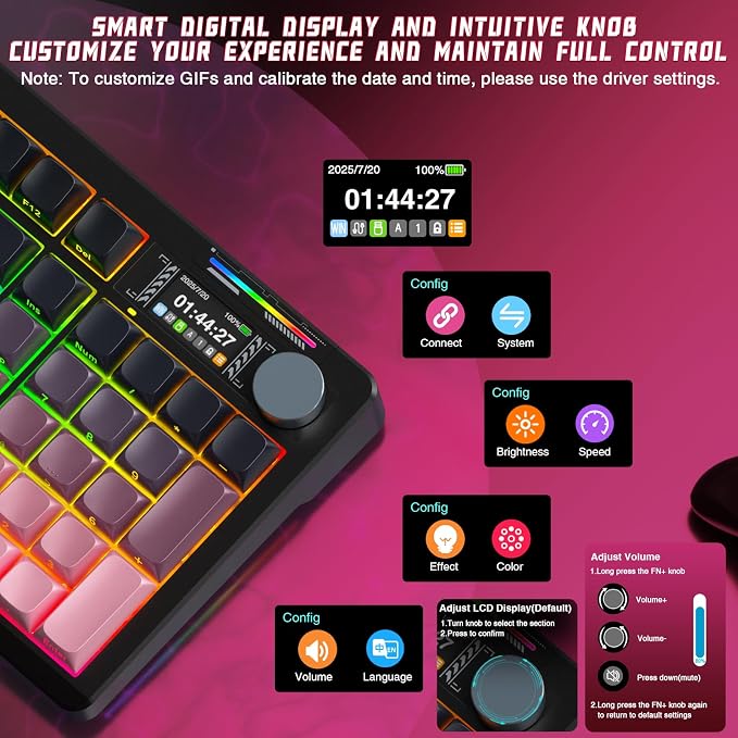 LINGBAO K98 PRO Wireless Mechanical Gaming Keyboard with Screen & Knob | Tri-Mode BT5.0/2.4G/USB-C, Gasket Mount Hot Swappable Linear Switches, RGB Backlit Creamy Sounding for PC/Mac Office& Gaming - Image 3