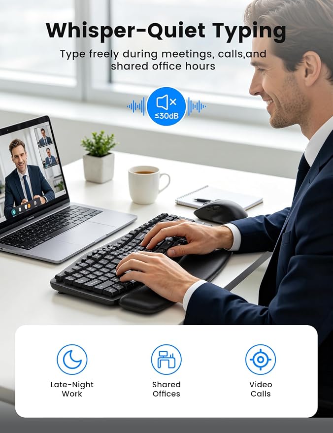 Wireless Keyboard and Mouse Combo, SABLUTE MA41 30dB Quiet Ergonomic Wave Keyboard Set with Soft Leather Palm Rest, Dual-System Switch for Windows/Mac, Ideal for Business Teams Home Office | Soft Leather Memory Foam Wrist Rest, 2.4GHz Wireless, UAB-A &... - Image 4