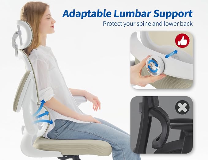 TRALT Ergonomic Office Chair Desk Chair with Adjustable Lumbar Support | Home Office Desk Chairs with Flip-up Armrests & 3D Headrest - Mesh Gaming Chairs for Adults, 330lbs, PU Leather (Beige, 1) - Image 6