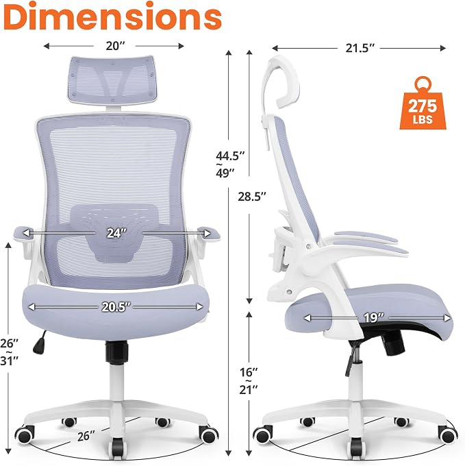 NEO CHAIR Office Desk Chair with Ergonomic High Back Mesh Headrest, Purple | Adjustable Headrest and Lumbar Support with Flip-Up Armrests Designed for Extended Sitting Comfort While Saving Space - Image 2