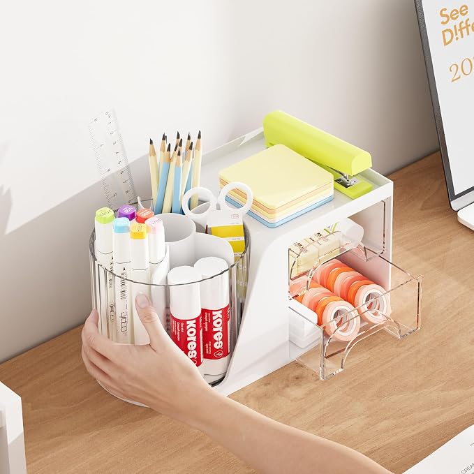 Marbrasse Desk Organizer with 2 Drawer, 360°Rotating Pen Holder, Desk Organizers and Accessories with 6 Slots Pencil Organizer + 2 Drawer, Art Supply Storage Box Caddy for Office (White) - Image 6