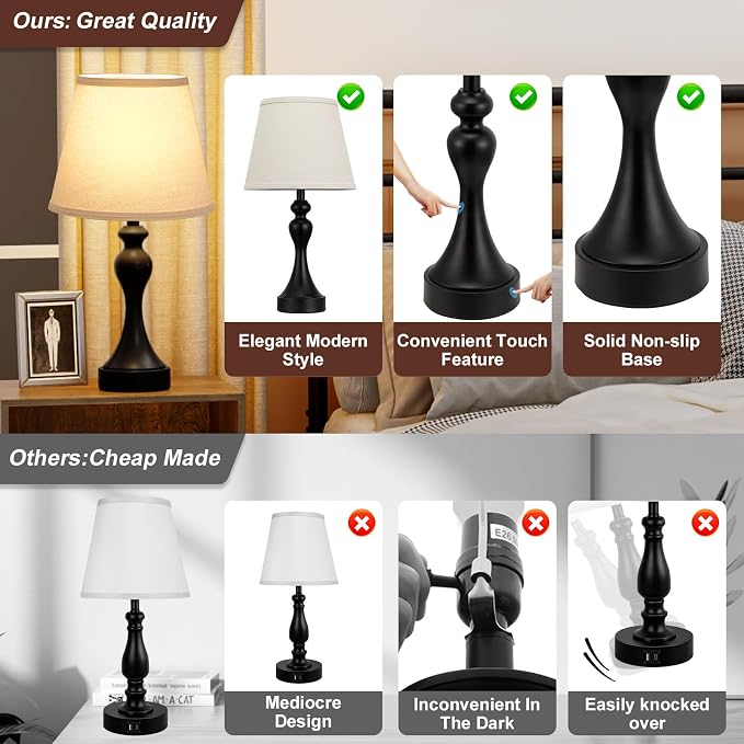 Touch Lamps for Nightstand, 3 Way Dimmable Bedside Lamps with USB C+A Ports | Touch Control, LED Bulb Included, Small Black Table Lamp for Bedroom, Night Stands, End Table, Gift，Corded - Image 8