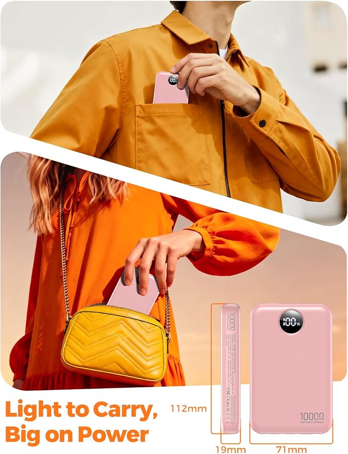 Portable Charger 10000mAh with 4 Built-in Cables 40% Smaller | Power Bank Fast Charging Battery Pack,LED Display Compact with Travel Charger for iPhone Other Devices-Pink - Image 5