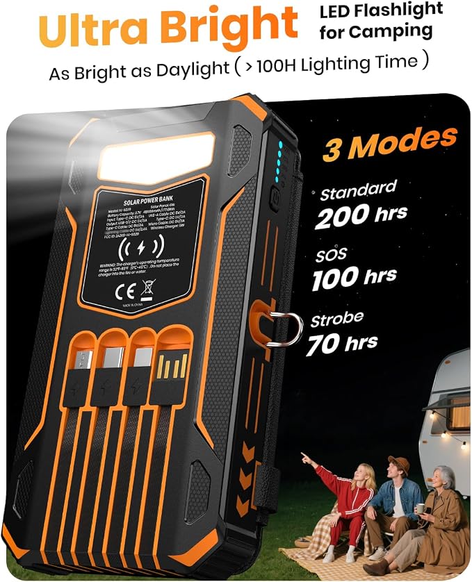 SOARAISE Solar Power Bank 48000mAh Wireless Portable Charger with 4 Cables | Solar Charger with 4 Solar Panels, 48000mAh High Capacity, PD QC 3.0 Fast Charging Battery Pack, Flashlights for Camping - Image 7