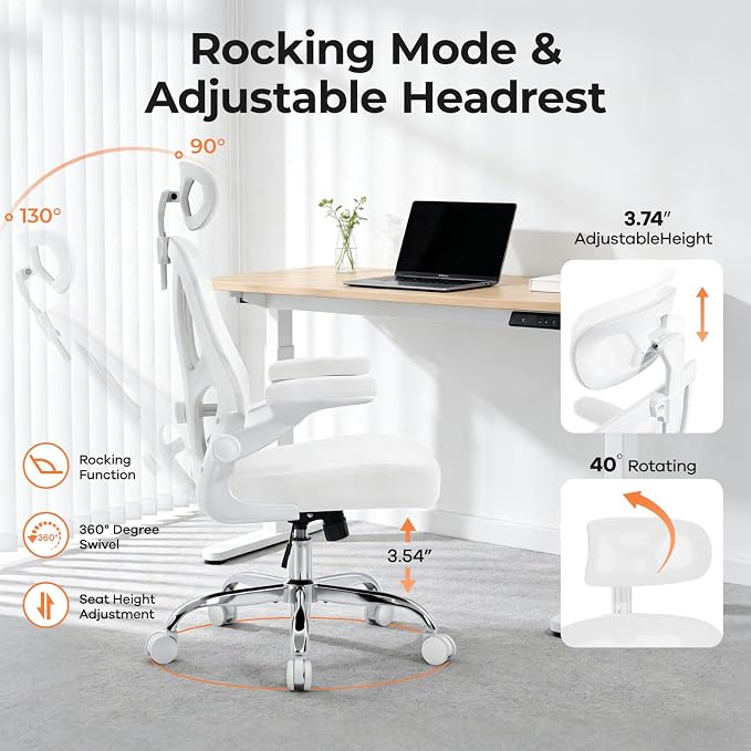 Office Chair Ergonomic Office Chair, Mesh Desk Chair, White, 1 PK | Lumbar Support, Head Support, Rocking Function, Flip-up Armrests, Mesh High Back, Suitable for Home Office - Image 4