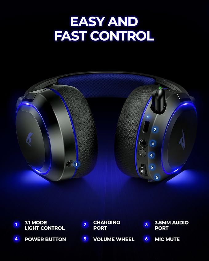 Wireless Gaming Headset, 7.1 Surround Sound, 2.4GHz USB Gaming Headphones with Bluetooth 5.4, 100H Battery, ENC Noise Canceling Mic, RGB Light, Wireless Headset for PC PS5 PS4 Mac Switch (Black-Blue) - Image 7