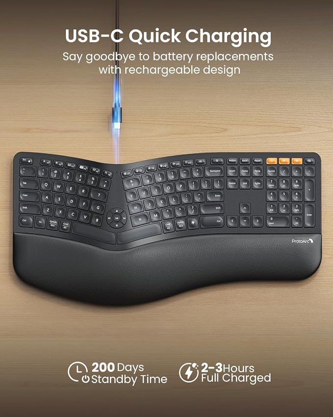 ProtoArc EK01 Plus Backlit Bluetooth Ergonomic Keyboard, Full Size, Black | Adjustable brightness, split design, cushioned wrist rest, connect 3 devices via Bluetooth/2.4G, 2000mAh USB-C rechargeable. - Image 6