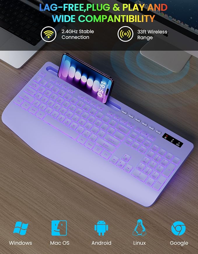 Wireless Keyboard, 7 Colored Backlits, Wrist Rest, Phone Holder-Purple | Rechargeable Ergonomic Computer Keyboard with Silent Keys, Full Size Lighted Keyboard for Windows, Mac, PC, Laptop - Image 5