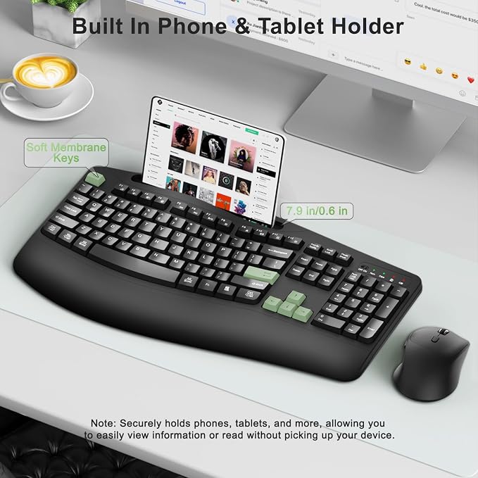 Wireless Keyboard and Mouse Combo, 2.4G Ergonomic Wave Keys(AvocadoGreen) | Full Size Ergonomic Keyboard with Wrist Rest, Phone Holder, 3-Level DPI Silent Mouse with 6-Buttons,for Windows/Mac OS/Laptop - Image 3