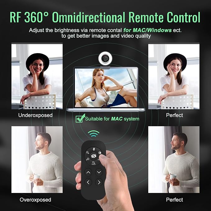 Angetube Streaming Webcam with Microphone, USB 1080P Web Cam w/Ring Light | Remote Control, 1080P@60FPS, 5X Digital Zoom, Built in Privacy Cover, HD Computer Web Camera for Desktop, PC, Laptop, Mac - Image 4