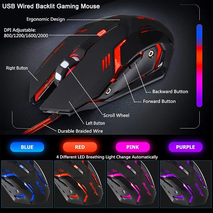 BlueFinger RGB Gaming Keyboard and Backlit Mouse Combo, USB Wired, LED Gaming Set for Laptop PC Computer Game and Work - Image 6