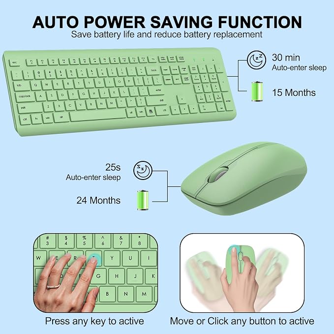 Wireless Keyboard and Mouse Combo, Full-Size Silent Ergonomic Keyboard and Optical Mouse, Long Battery Life, 2.4G Lag-Free Mice Keyboard for Mac, Laptop, PC, Windows(Avocado Green) - Image 3