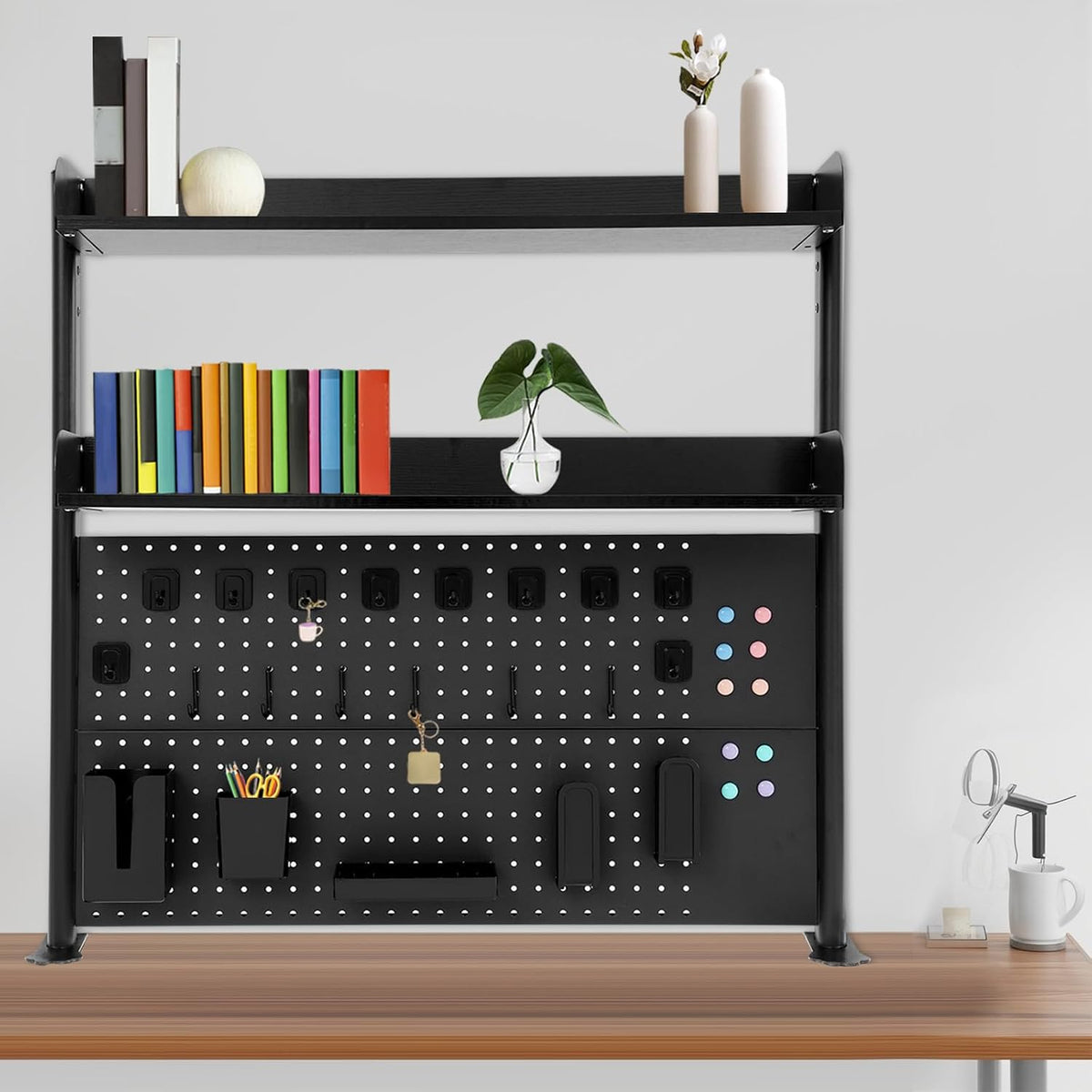 Clamp on Desk Shelf with Pegboard, Desk Extender Pegboard Workstation, Desktop Bookshelf Storage Shelves for Home Office Dorm, 37.4in (Black) - Image 2