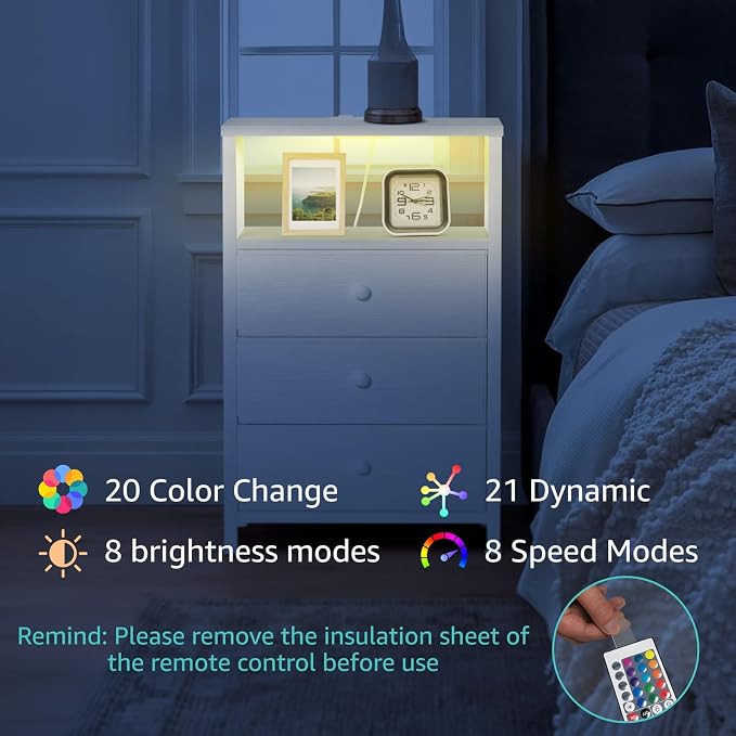 BOLUO White Night Stand with 3 Fabric Drawers, Nightstand with Charging Station LED Nightstand for Bedroom, Bedside Table with USB Ports and Outlets Modern - Image 6