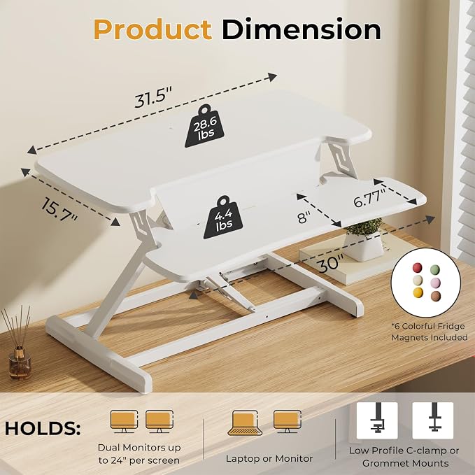 JOY worker Standing Desk Converter, 32" Height Adjustable Desk Riser, White | Sit Stand Up Desktop Riser with Keyboard Tray & 6 Fridge Magnets, Desk Workstation Converter for Home Office Computer Laptop - Image 3