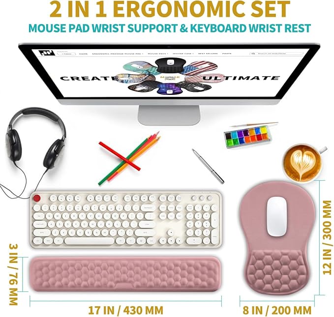Hokafenle 2 in 1 Ergonomic Mouse Pad Wrist Support & Wrist Rest for Computer Keyboard Set, with Relieve Carpal Tunnel Pain Massage Bulge and Full Memory Gel Design (2In1 Set, Pink) - Image 2
