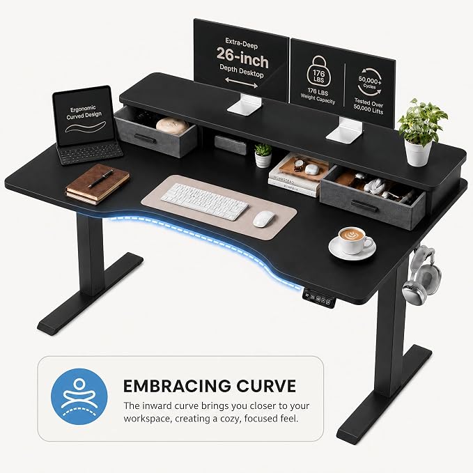 Grandder Electric Standing Desk with Two Drawers, Curved Sit to Stand Up Height Adjustable Desk with Storage Shelf for Home Office, 47 * 26 Inch, Study, Ergonomic Adjustable Computer Desk, Black - Image 4