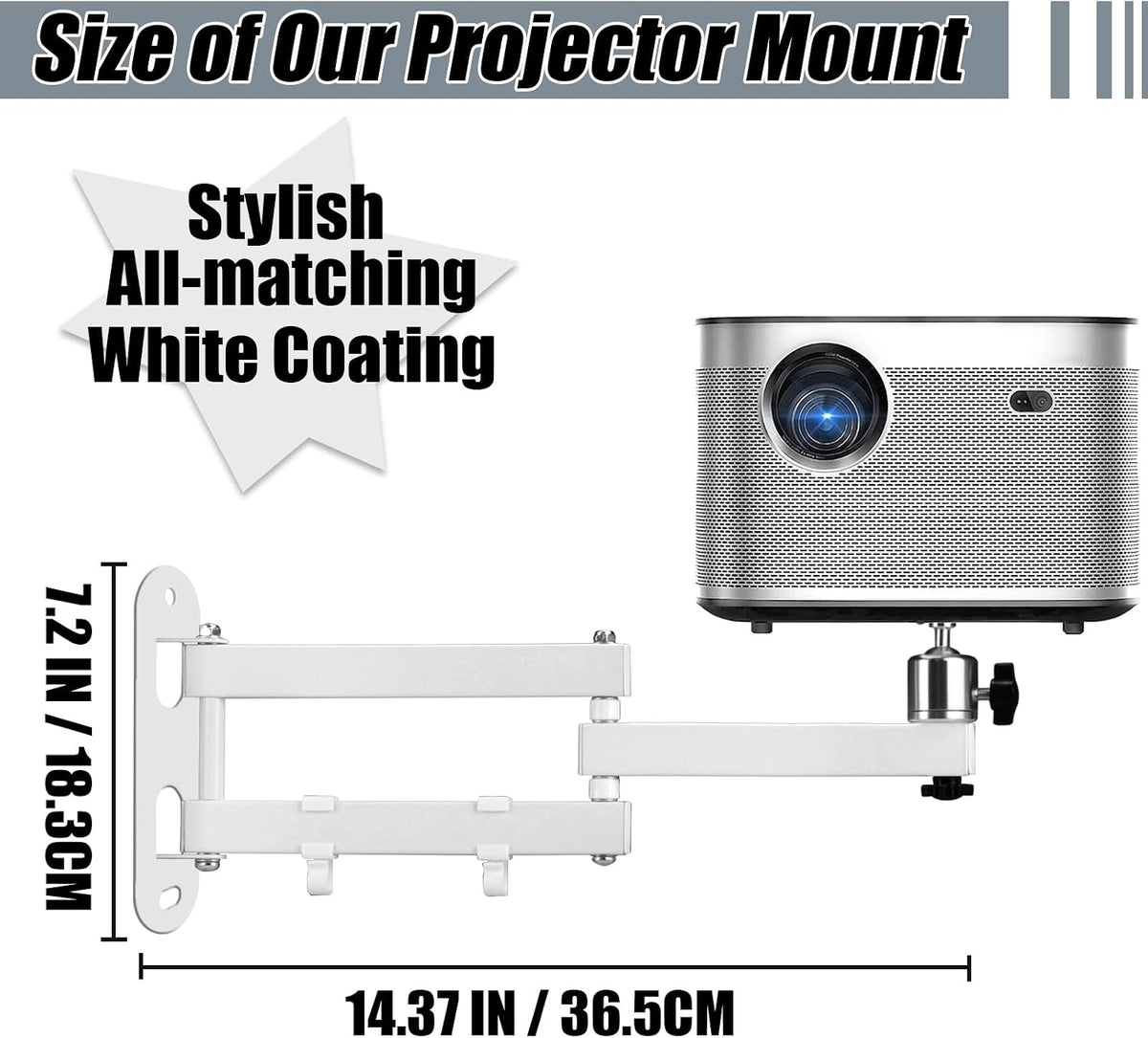 2-Be-Best Projector Wall Mount 14" Foldable Arm Mount Universal Projector Mounts Adjustable Bracket 1/4" M4 M6 Screw Size Quality Cold-Rolled Steel Upgraded White - Image 3