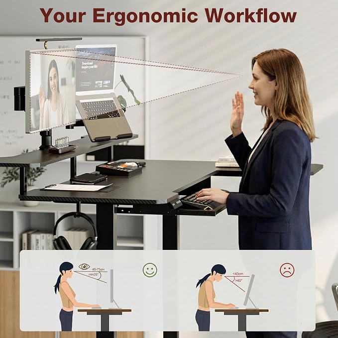 59 Inch L Shaped Standing Desk with Shelves and Keyboard, Electric Corner Standing Desk Adjustable Height, Sit Stand Computer Table with Reversiable Splice Board，Black Carbon - Image 6