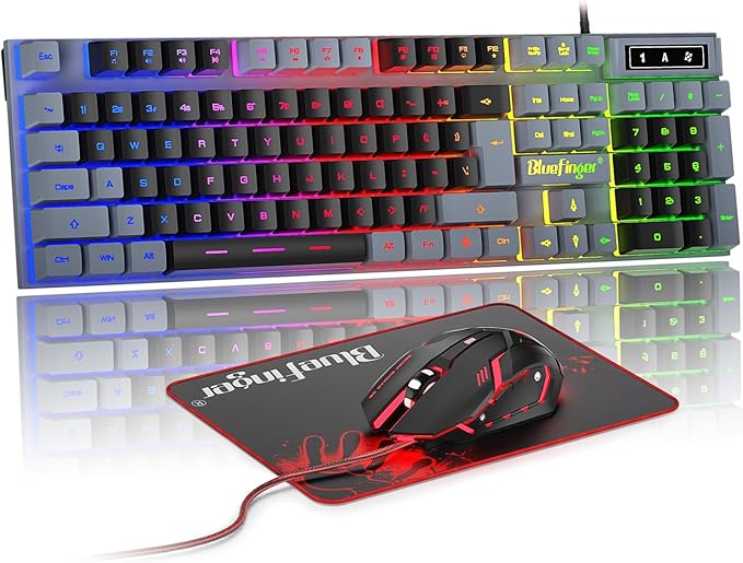 BlueFinger RGB Gaming Keyboard and Backlit Mouse Combo, USB Wired, LED Gaming Set for Laptop PC Computer Game and Work(Gray & Black) by BlueFinger