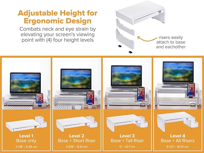 Bostitch Konnect Adjustable Monitor Riser with Drawer, Cell Phone Stand & Pencil Holder, Laptop Stand for Desk, 4 Height Levels, Cable Management & Rubber Feet - Image 2