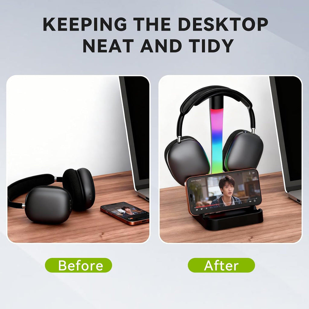 Headphone Stand with Charger,Gaming Headset stand with RGB Light Mode,For Airpod Max Stand,Desk Lamp,Phone Holder,Tablet Holder,desktop organizer,Gifts for Gamers & Music Lover(Black) - Image 6