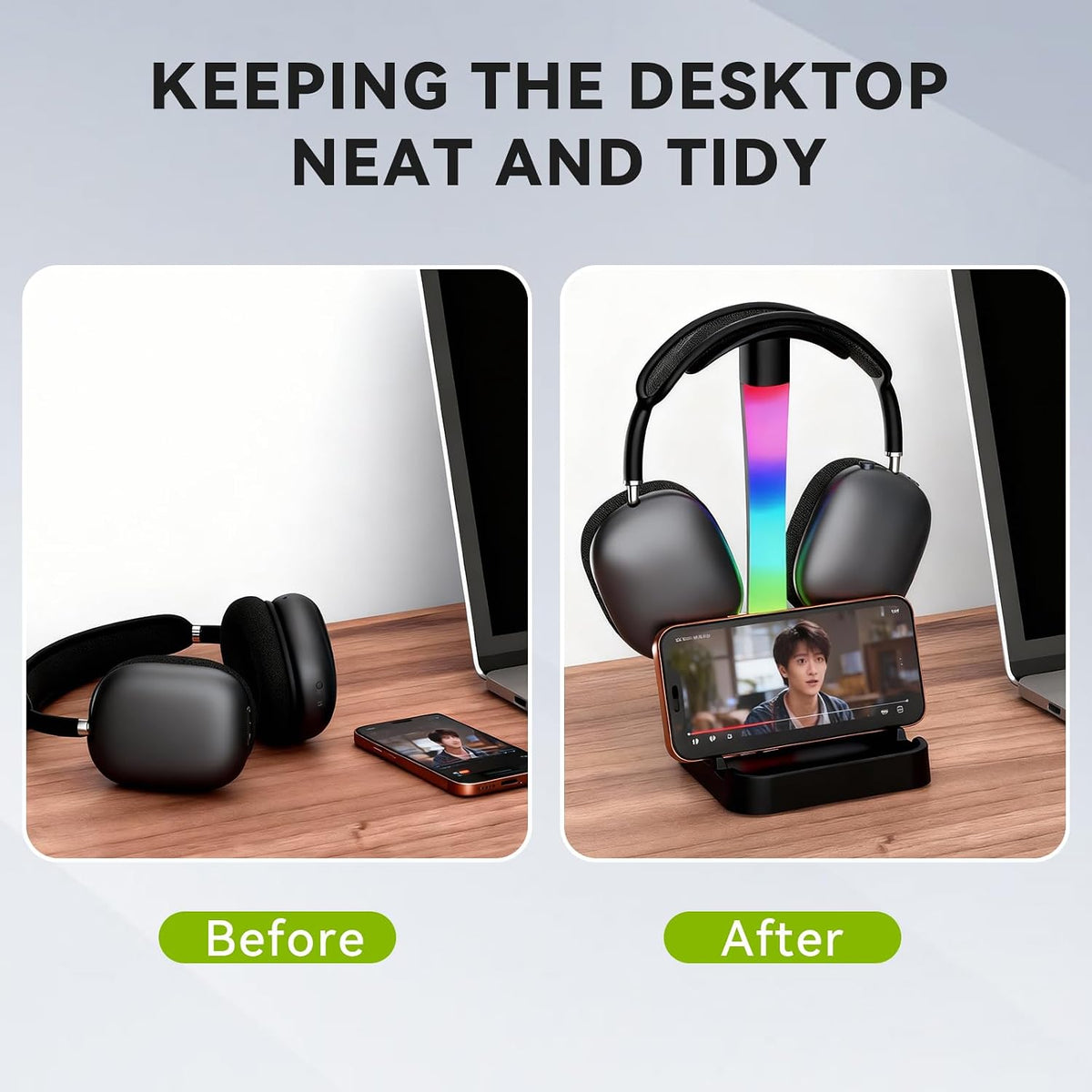Headphone Stand with Charger,Gaming Headset stand with RGB Light Mode,For Airpod Max Stand,Desk Lamp,Phone Holder,Tablet Holder,desktop organizer,Gifts for Gamers & Music Lover(Black) - Image 6