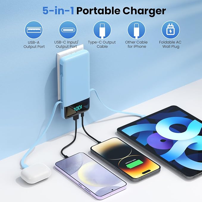 Portable Charger with Built-in AC Plug and Cables,13800mAh All in One USB C Fast Charging Power Bank,Travel Essentials Portable Phone Charger Battery Pack for iPhone 17/16/13,Galaxy,Android-Light Blue - Image 2