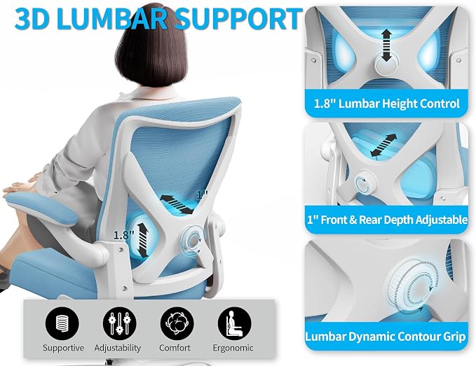 Office Chair: Mesh Ergonomic Desk Chair with 3D Lumbar & Swivel | 330LBS Computer Chair-Executive Task Work Chairs with Flip-up Arms Home Office Desk Chairs Gaming Chair for Long Hours(Blue) - Image 7