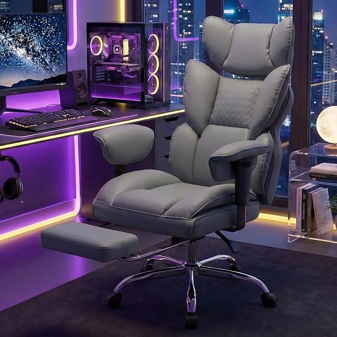 DUMOS Big and Tall Home Office Desk Chair, Executive Chair with Footrest | PU Leather, Ergonomic Comfy Lumbar Support, High Back Reclining, Adjustable Armrests, Grey - Image 10