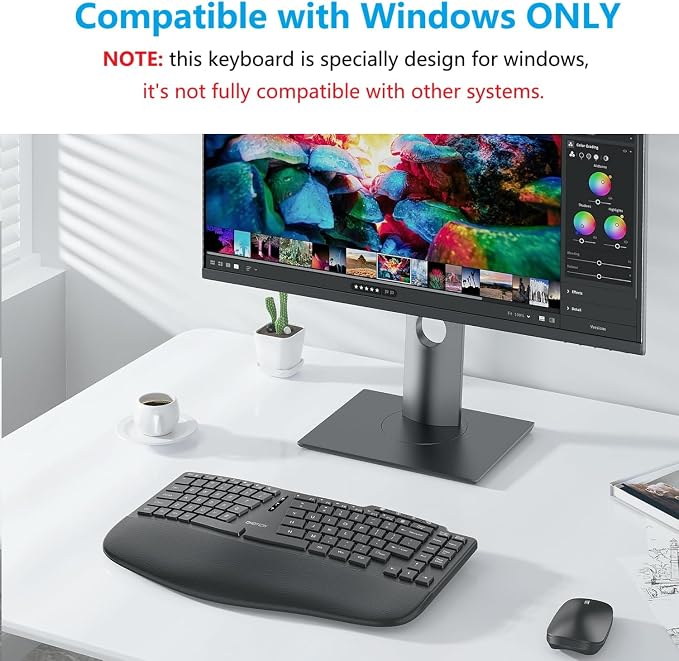 OMOTON Ergonomic Wireless Split Keyboard Compatible with Windows only, Cushioned Wrist Rest, Rechargeable, USB Connectivity, 2.4G Membrane Silent Keyboard, Classic Black - Image 3