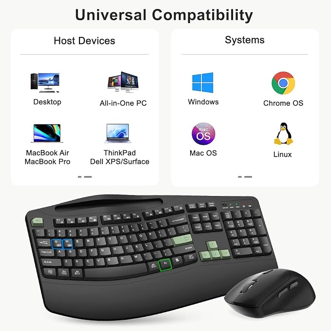 Wireless Keyboard and Mouse Combo, 2.4G Ergonomic Wave Keys(AvocadoGreen) | Full Size Ergonomic Keyboard with Wrist Rest, Phone Holder, 3-Level DPI Silent Mouse with 6-Buttons,for Windows/Mac OS/Laptop - Image 8