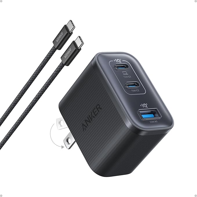 Anker Nano 70W Max 3-Port Fast Charger USB C, Type C Charger Fast Charging | Compact and Stylish USB C Charger Block, for iPhone 17/17 Pro Max/16 Series, MacBook Pro, iPad (Black, Cable Included) by Unknown