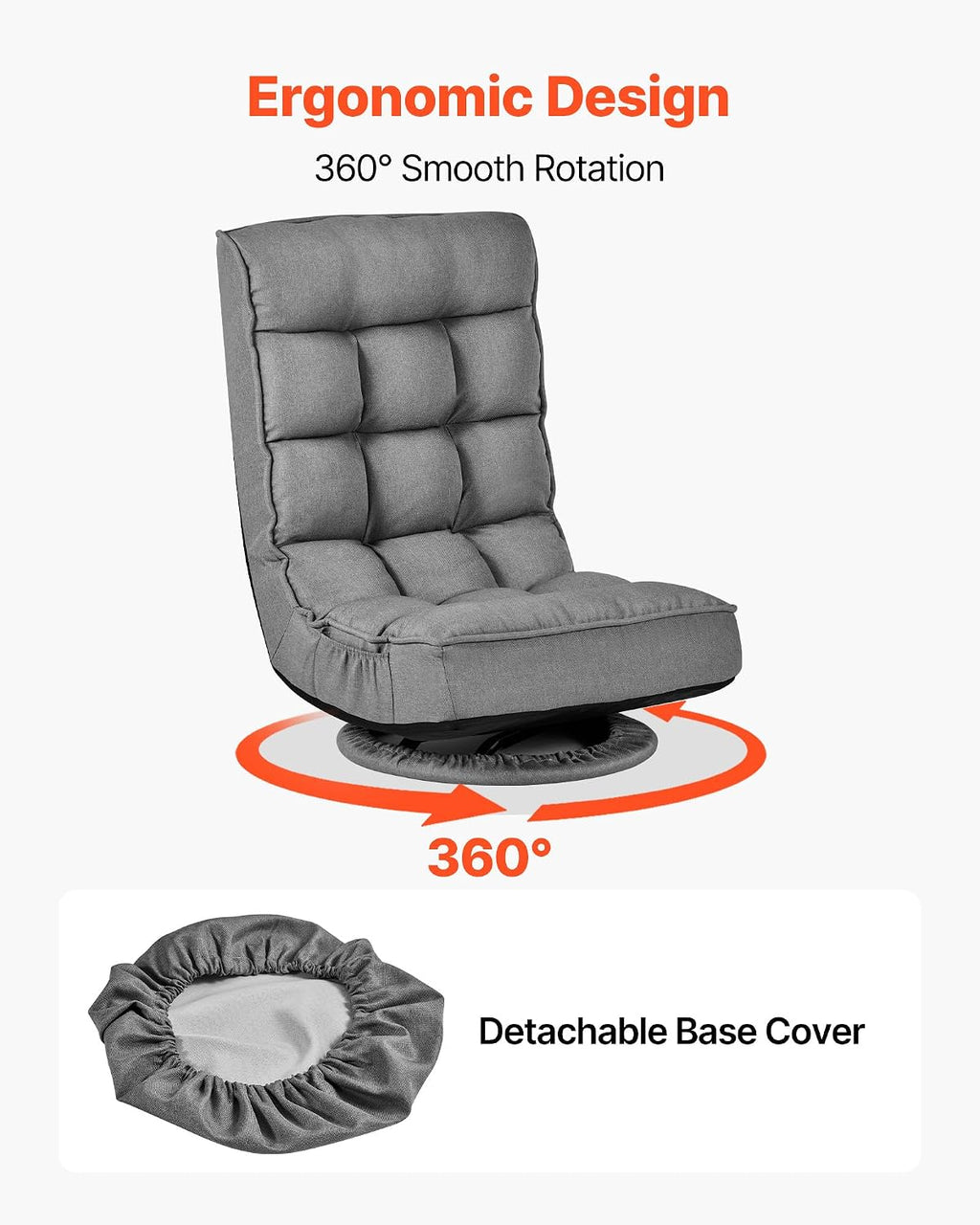 VEVOR Swivel Floor Gaming Chair, 360-Degree Rotating Floor Chair with 4 Adjustable Position Folding Backrest, Metal Frame with Recycled Foam and Linen Fabric, for Watching TV, Reading, Relaxing, Gray - Image 6