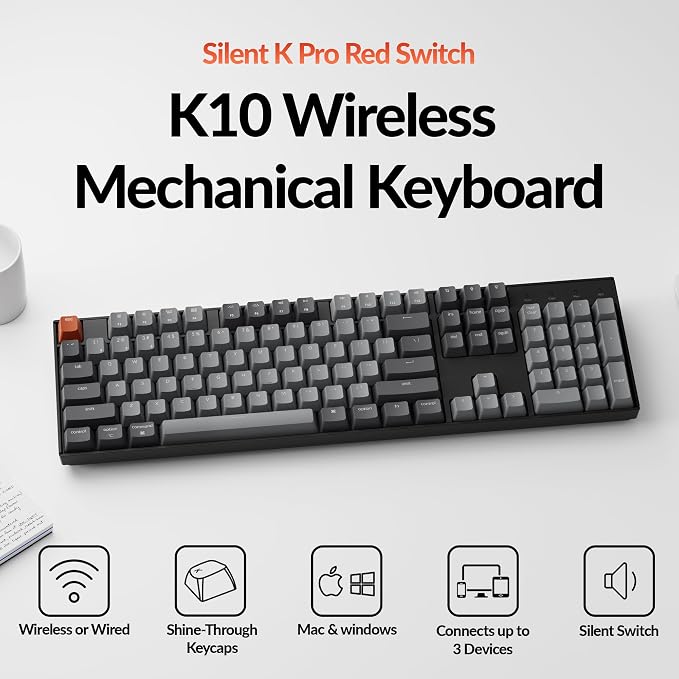 Keychron K10 Full Size 104 Keys Bluetooth Wireless Mechanical Gaming Keyboard for Mac Windows with Keychron Silent K Pro Red Switch, Multitasking/White LED Backlight/USB C Wired Computer Keyboard - Image 2