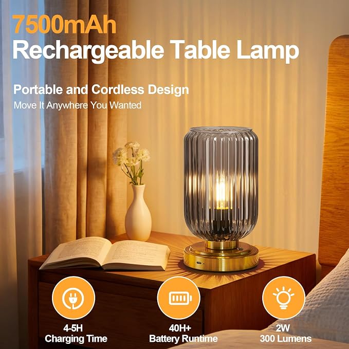LightRound Cordless Table Lamp for Bedroom, Touch Stepless Dimmable | 7500mAh Rechargeable Battery, Gray Glass Shade, Brushed Gold Base, Bulb Included, Modern Wireless Lamp for Desk, Living Room - Image 2
