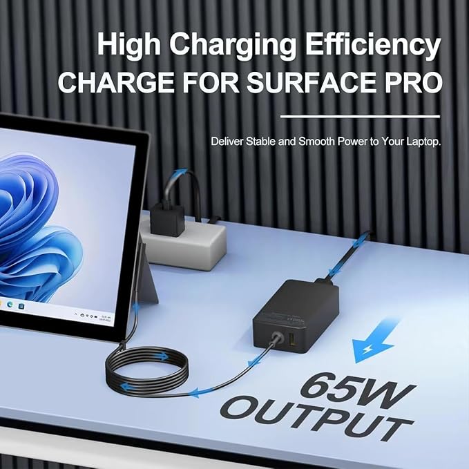 YURCIPWE Surface Pro Charger 65W, Surface Laptop Charger Compatible with Microsoft Surface Pro 11/10/9/8/7+/7/6/5/4/X, Surface Laptop 7/6/5/4, Surface Book 3/2, Surface Go 3/2/1 with 8.8ft Power Cord - Image 2