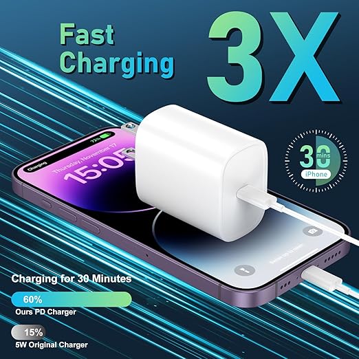 DiHines Phone 14 13 12 11 Fast Charger,12FT Long Phone Chargers Fast Charging Lightning Cable &20W USB C Charge Block,White - Image 3