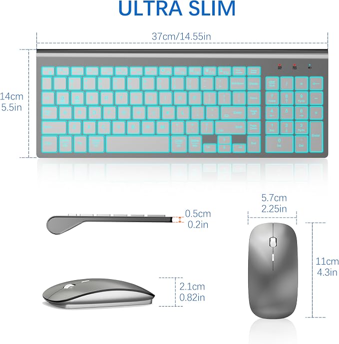 Wireless Backlit Keyboard and Mouse Ultra Slim Combo, TopMate - Gray Silver | 2.4G Silent Compact 2400DPI Mouse and Scissor Switch Keyboard Set, Batteries Included, for PC/Laptop/Windows/Mac/Gaming - Image 6
