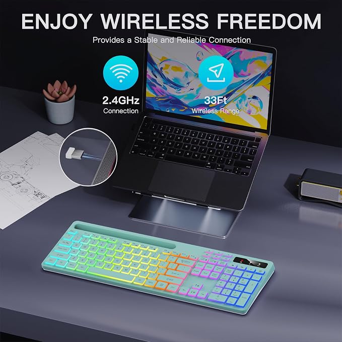Wireless Keyboard with 7-Color RGB Backlit, Soueto Full-Size Computer Keyboard with Phone Tablet Holder, 2.4G Rechargeable Gaming Keyboard with Light Up Keys, Compatible with Mac, Windows (Mint Green) - Image 7
