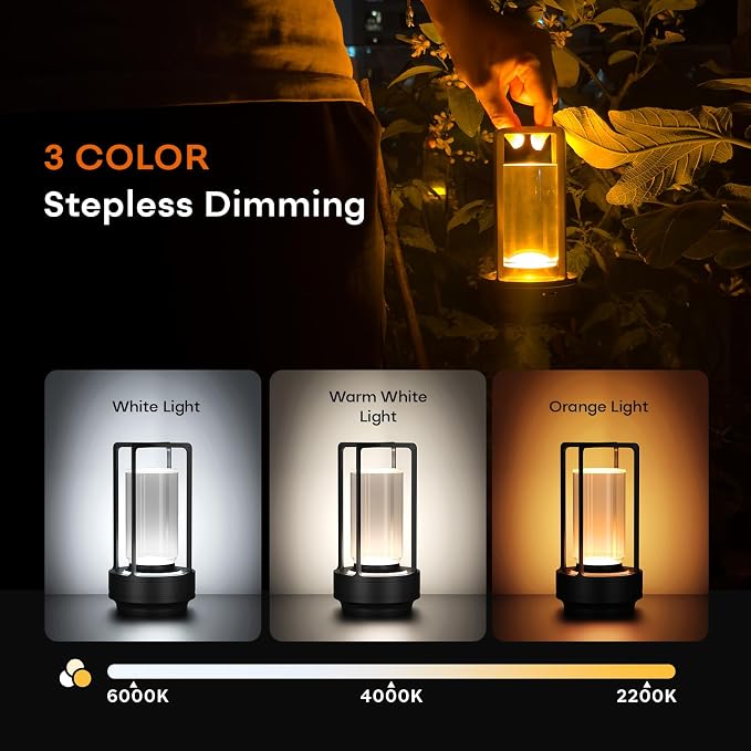Rechargeable Cordless Small Metal Table Lamp, Stepless Dimming, 3-Color | Set of 2, 2600mAh Battery, Portable LED Desk Light, Cute, Suitable for Indoor/Outdoor/Restaurant/Bedroom/Bar/Coffee/Camping - Image 3