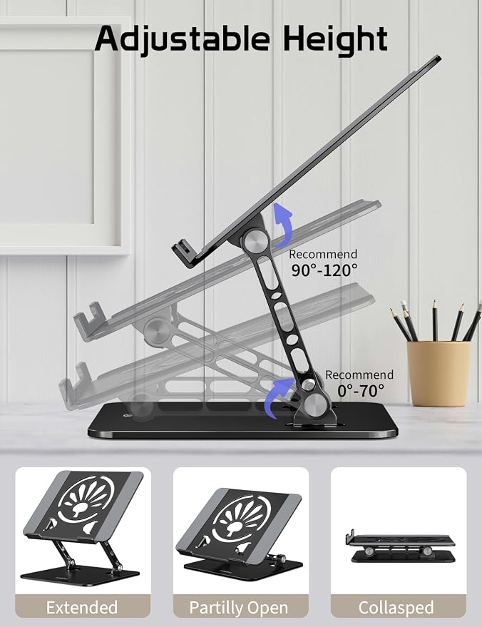 Adjustable Aluminum Laptop Stand for Desk,Ergonomic Riser, Black | Open Ventilated Design, Fits MacBook Pro/Air & 10"-16" Laptops, Stable Support for Office, Home & Travel - Image 5