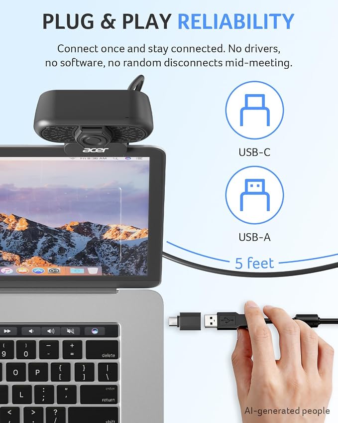 Acer 1080p Webcam USB Plug and Play Webcam for PC with Noise Cancellation Microphones Computer Camera for Desktop Streaming Gaming Online Meeting Wide Angle Privacy Cover A-to-C Adapter Easy Setup - Image 5