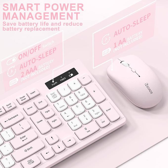Wireless Keyboard and Mouse Combo Silent for Office and Home(Pink-B) | 2.4G Full Size Silent Cordless Keyboard with Tilt Legs,3-Level DPI Quiet Mouse,for Windows/Mac OS/Desktop/Laptop/PC - Image 4