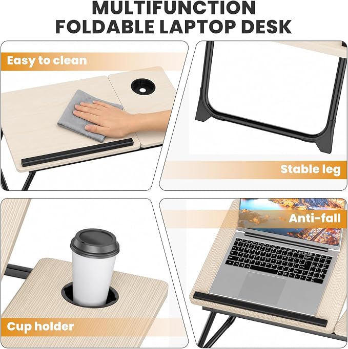 Laptop Bed Desk, 5-Angle Adjustable Bed Laptop Table with Cup Holder | Foldable Laptop Stand for Couch & Sofa, Portable Laptop Tray for Adults Writing Reading Eating, Beige - Image 6
